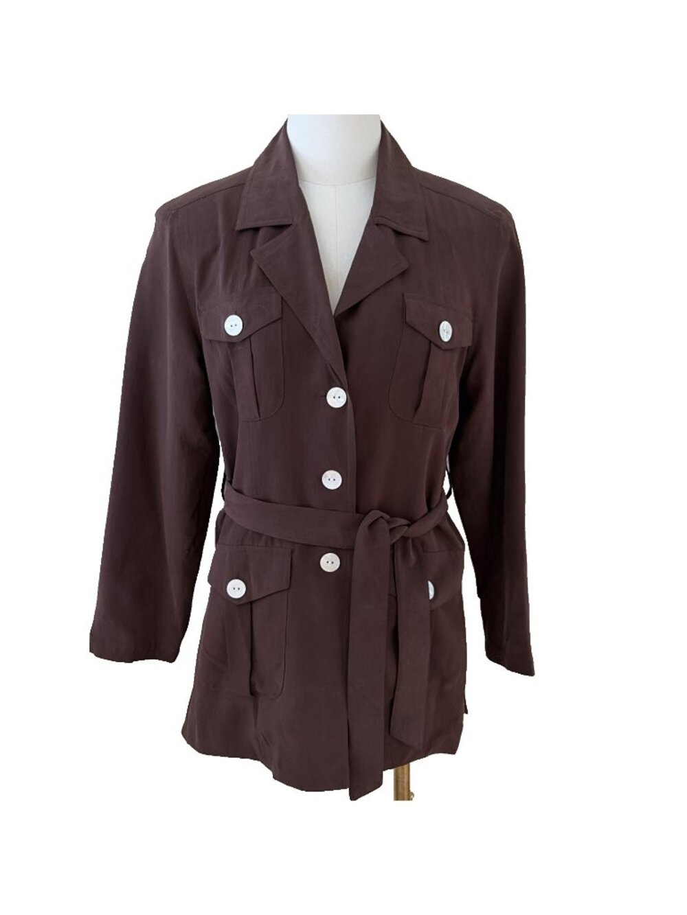 Silk House Womens 100% Silk Utility Jacket Size S Brown Lightweight Belt Luxury